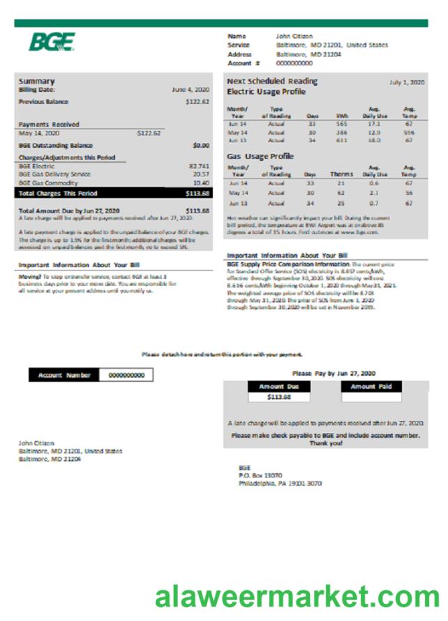 USA BGE gas and electric utility bill